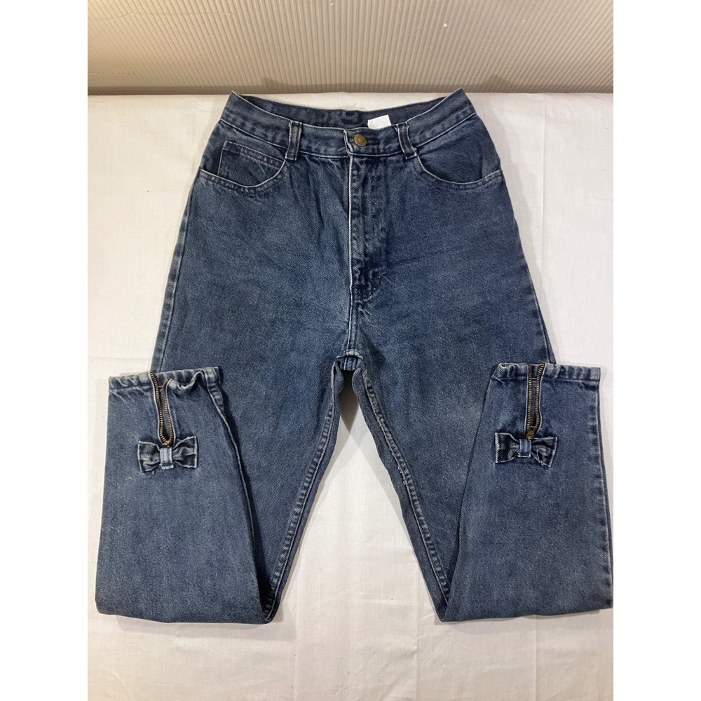 Vintage Lee Jeans Womens Sz 7 Blue Denim High Waisted Straight Leg Zip Bow Ankle
